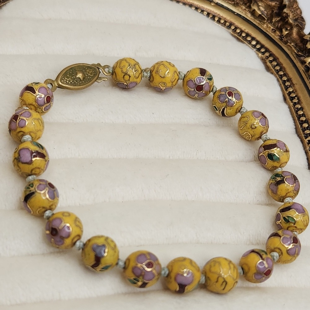 Vintage Chinese Cloisonne Bead Bracelet Yellow‎ Enamel Purple Floral 7 Inch Boho